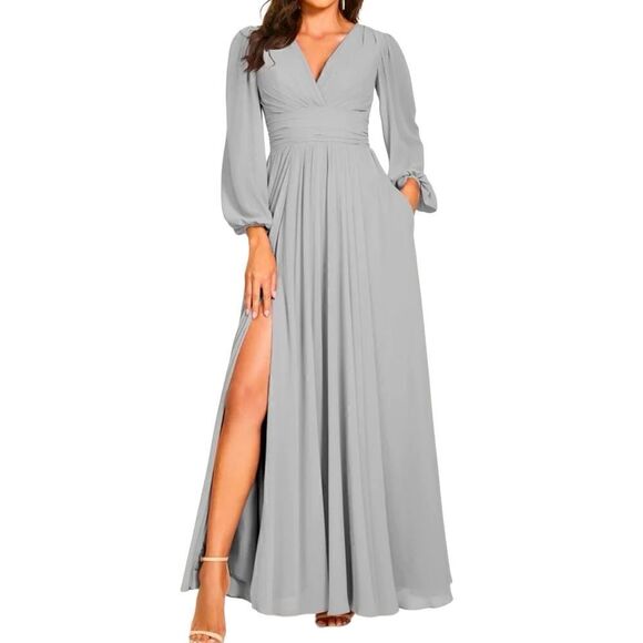 Lavetir Silver Chiffon V-Neck Long Formal A-Line Dress Lace Up Back Size Small - Picture 1 of 14